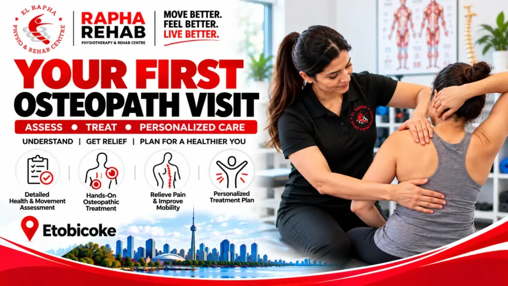 First osteopathy visit at Rapha Rehab for assessment and personalized treatment